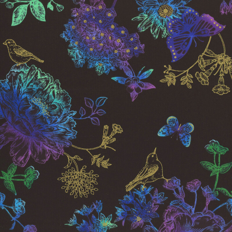 black fabric featuring neon colored outlines of flowers, birds, and butterflies