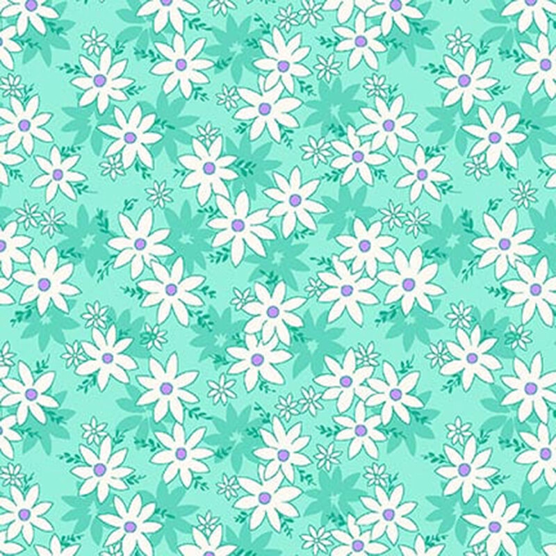 Aqua fabric with white daisies with purple accents.