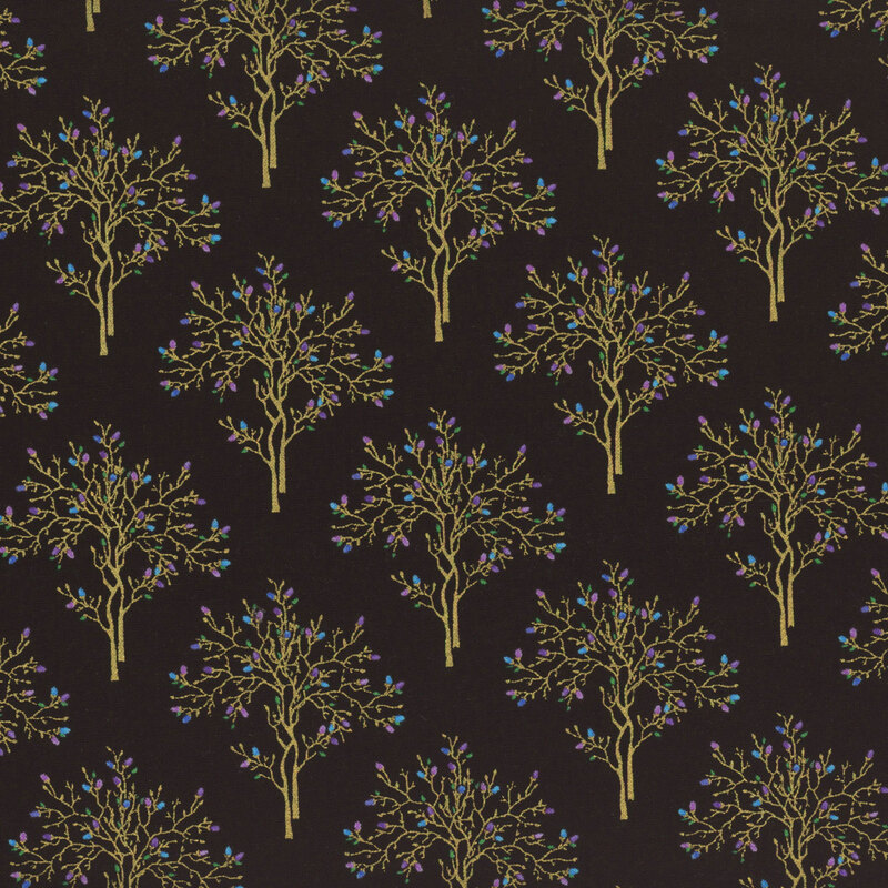 black fabric featuring a pattern of trees with purple and blue accents