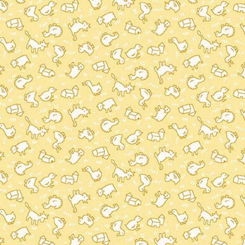 Yellow fabric with white farmyard animals.