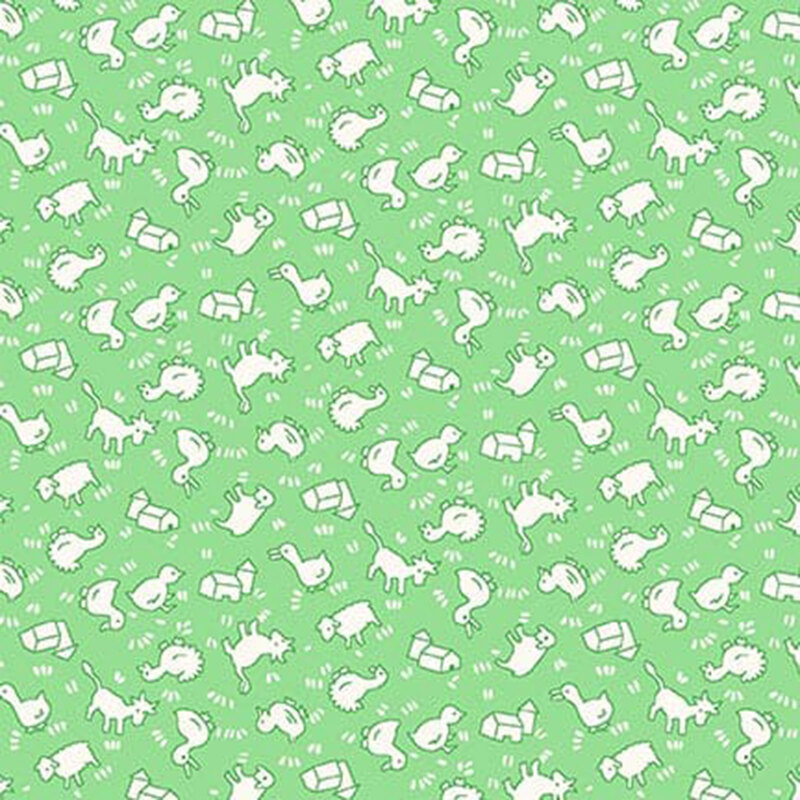 Green fabric with white farmyard animals.