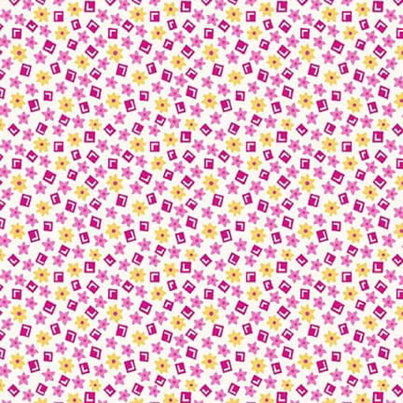 White fabric with pink and yellow daisies with magenta squares.