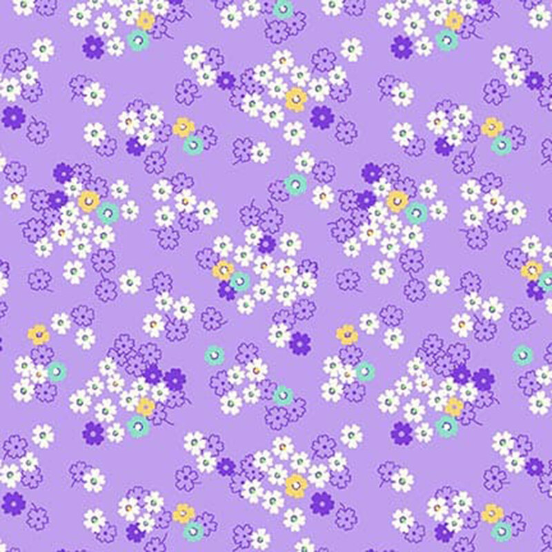 Purple fabric with white daisies with yellow and aqua accents.