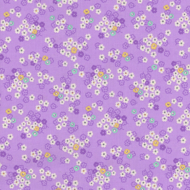 Purple fabric with white daisies with yellow and aqua accents.