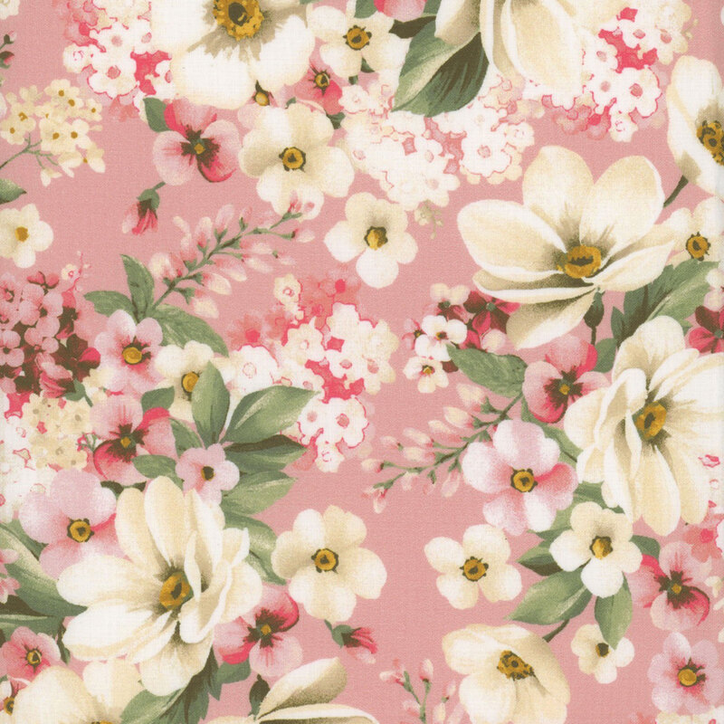 Light pink fabric with white and pink flowers in clusters with green leaves all over