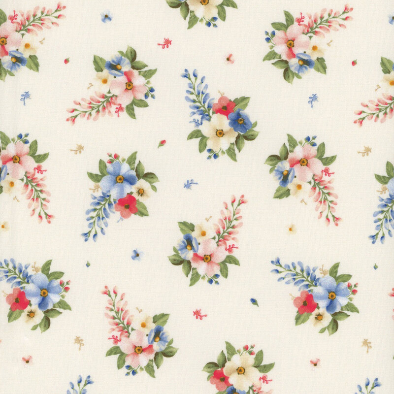 Cream fabric with small clusters of cream, pink, and blue flowers with green leaves all over