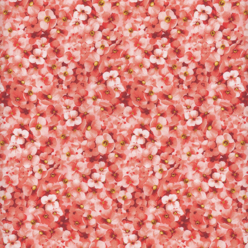 Fabric featuring small packed pink flowers in varying shades