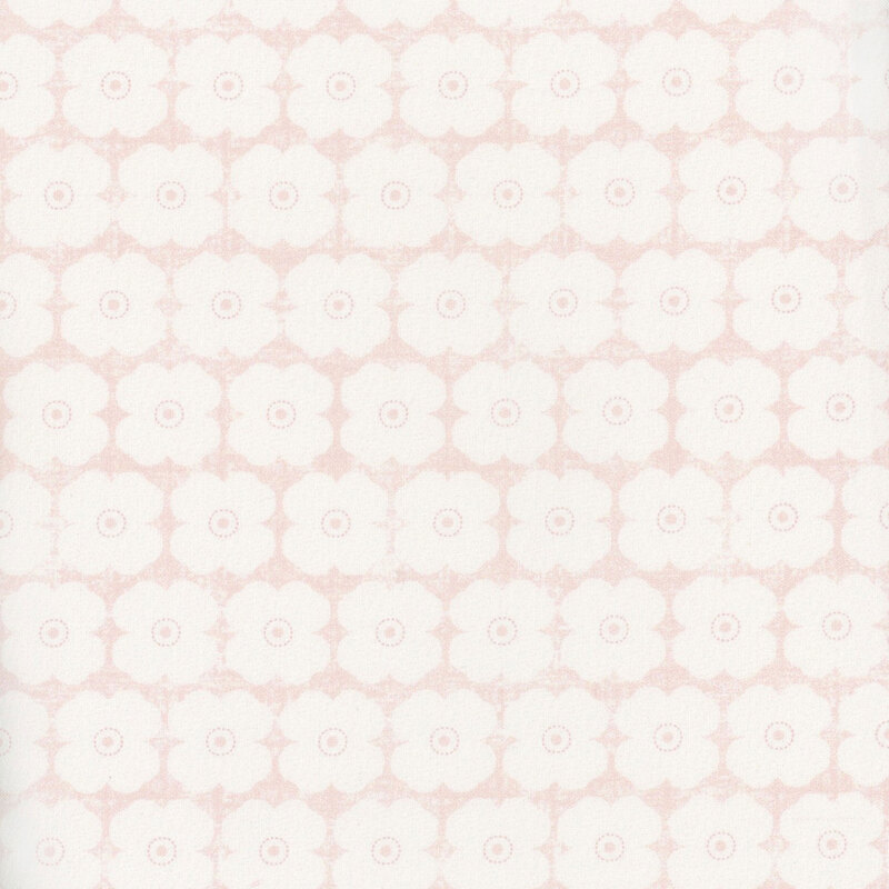 Pale pink fabric featuring large, minimalist tonal flowers in rows.