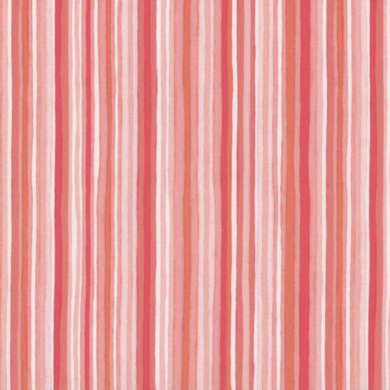 Pink and white striped fabric with stripes of varying thicknesses and shades.