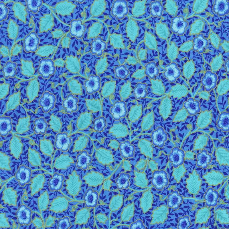 Bright aqua blue fabric featuring vines, leaves, and flowers