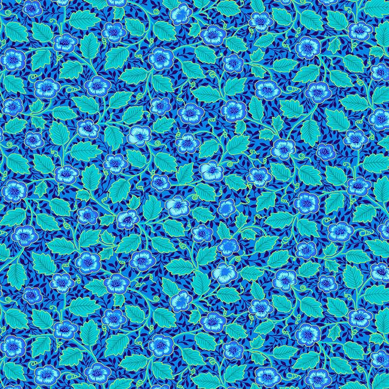 Bright aqua blue fabric featuring vines, leaves, and flowers