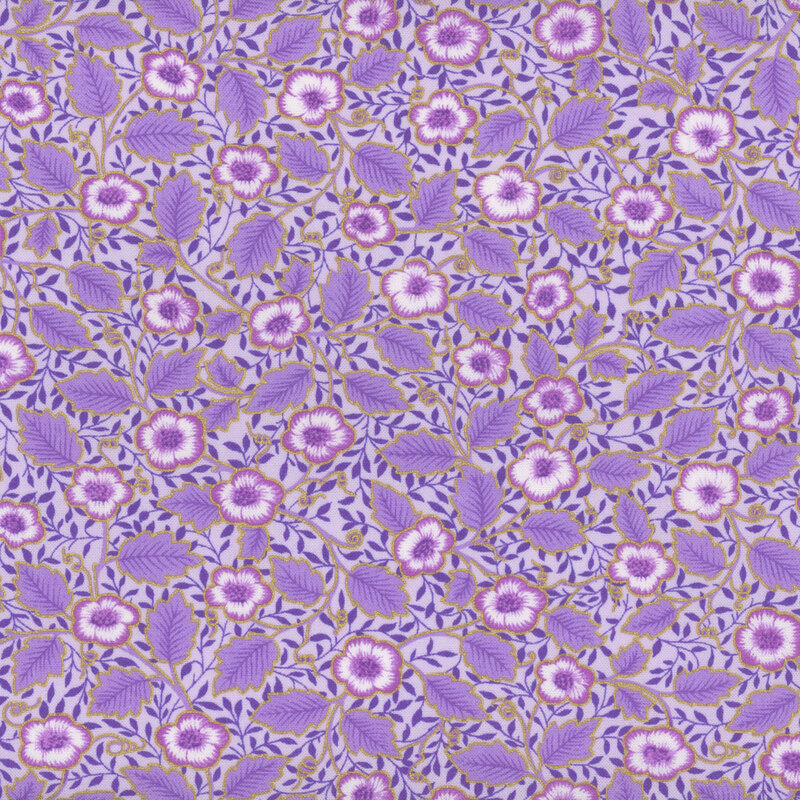 Bright purple fabric featuring vines, leaves, and flowers