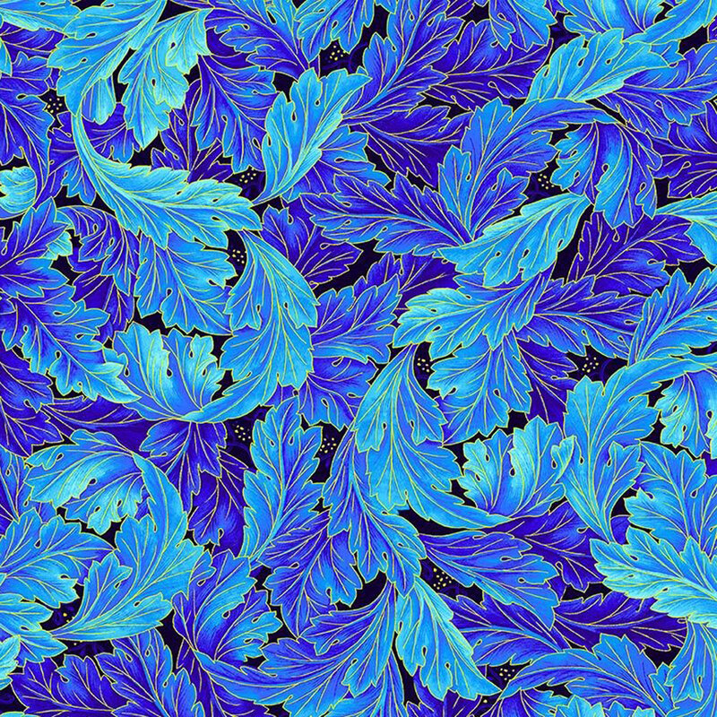 Blue fabric featuring large feathery leaves
