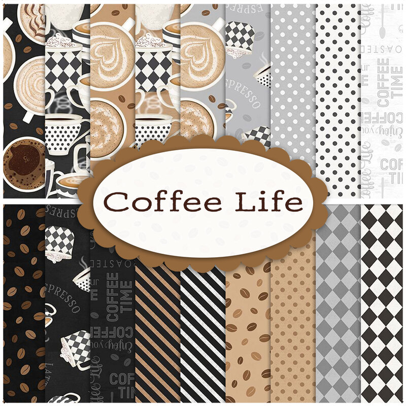 Collage of brown and gray coffee themed fabrics included in the Coffee Life collection.
