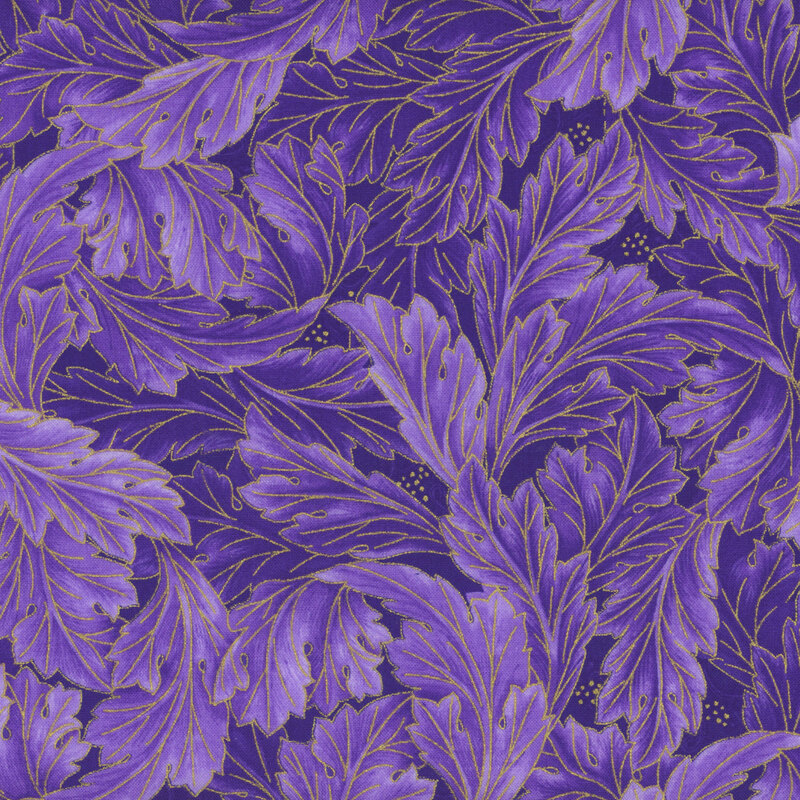 purple fabric featuring large feathery leaves