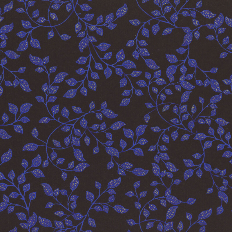 Black fabric featuring indigo vines with leaves