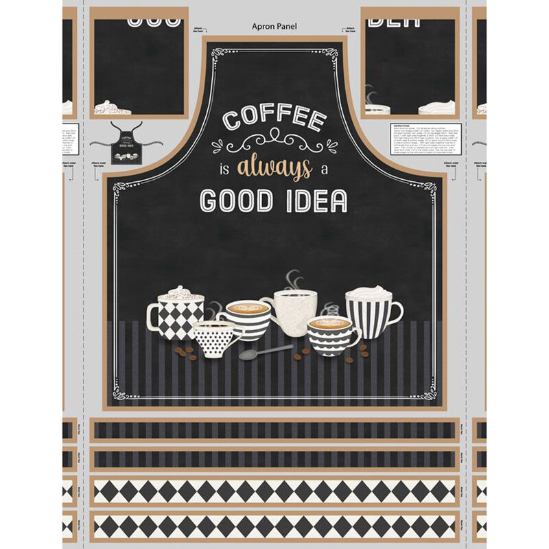 Panel with a pattern to make an apron with a black base, coffee decorations, and striped and diamond straps.