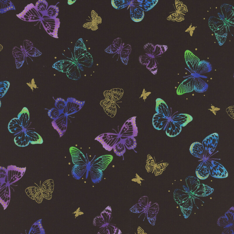Black fabric featuring neon butterflies in blue, purple with metallic accents