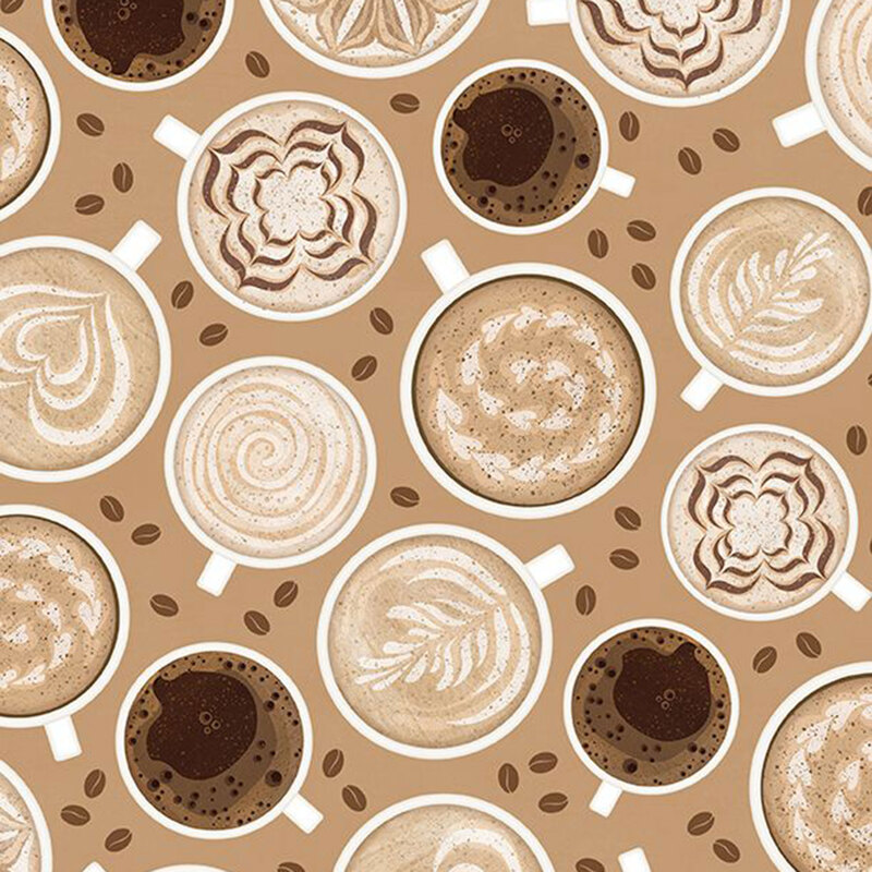 Latte brown fabric with a pattern of coffee, latte, and cocoa cups as seen from above, with scattered coffee beans.