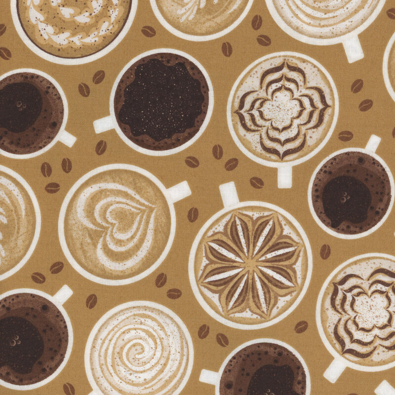 Latte brown fabric with a pattern of coffee, latte, and cocoa cups as seen from above, with scattered coffee beans.