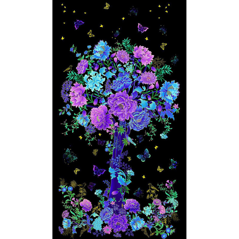 panel featuring a floral tree with butterflies on a black background