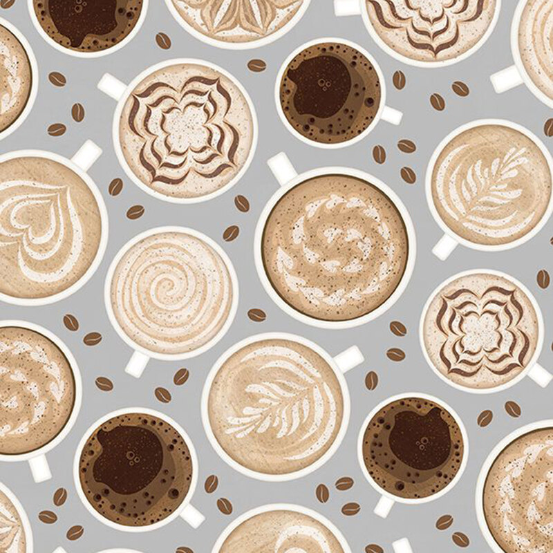 Gray fabric with a pattern of coffee, latte, and cocoa cups as seen from above, with scattered coffee beans.