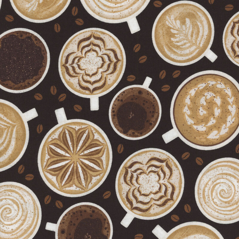 Black fabric with a pattern of coffee, latte, and cocoa cups as seen from above, with scattered coffee beans.
