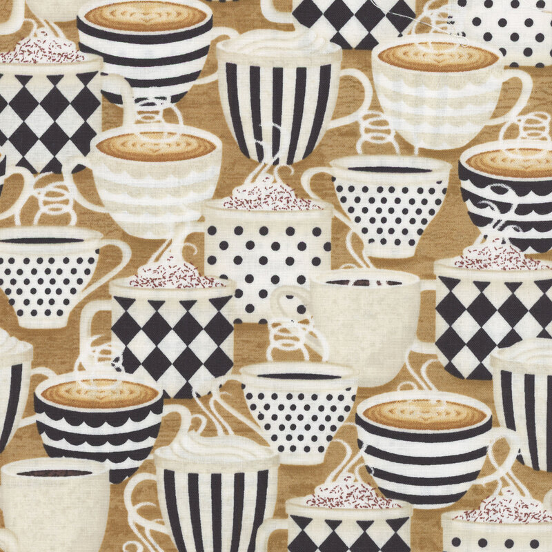 Latte brown fabric with a pattern of coffee, latte, and cocoa cups.