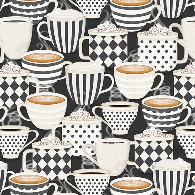 Black fabric with a pattern of coffee, latte, and cocoa cups.