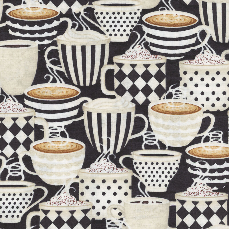 Black fabric with a pattern of coffee, latte, and cocoa cups.