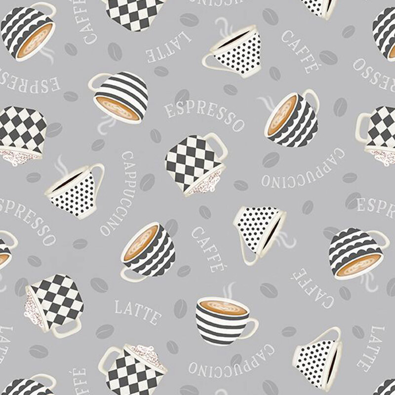 Gray fabric with a pattern of coffee, latte, and cocoa cups tossed with coffee names and beans.