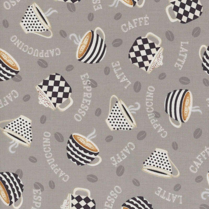Gray fabric with a pattern of coffee, latte, and cocoa cups tossed with coffee names and beans.