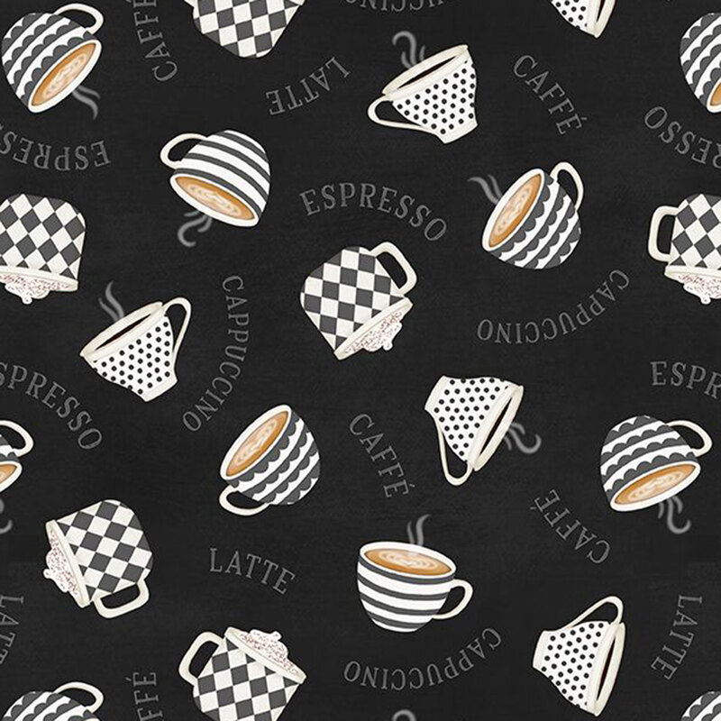 Black fabric with a pattern of coffee, latte, and cocoa cups tossed with coffee names.