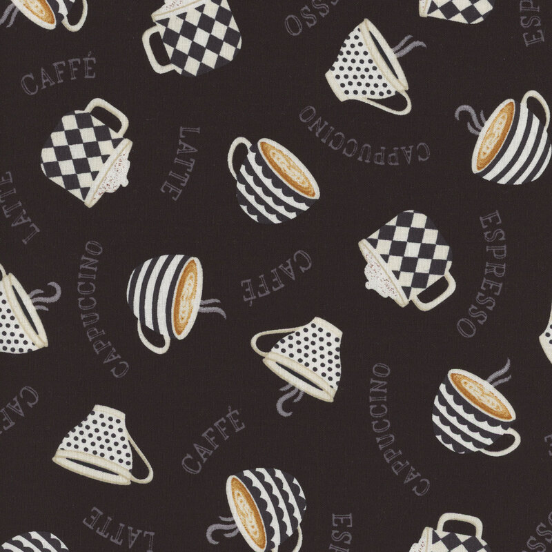 Black fabric with a pattern of coffee, latte, and cocoa cups tossed with coffee names.