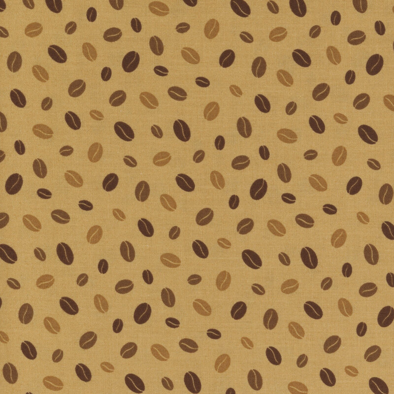 Latte brown fabric with a pattern of loose scattered coffee beans.