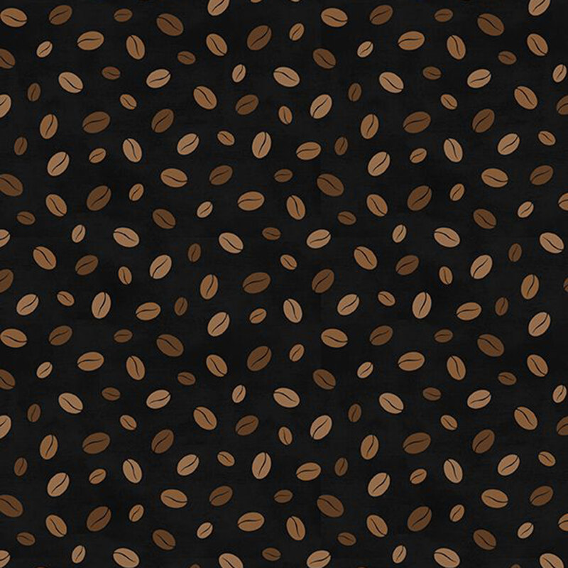 Black fabric with a pattern of loose scattered coffee beans.