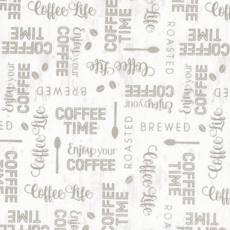 White fabric with gray coffee phrases and spoons.