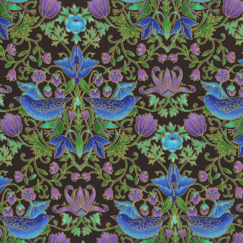 fabric featuring birds, vines and flowers in shades of blue purple and green in a damask like pattern