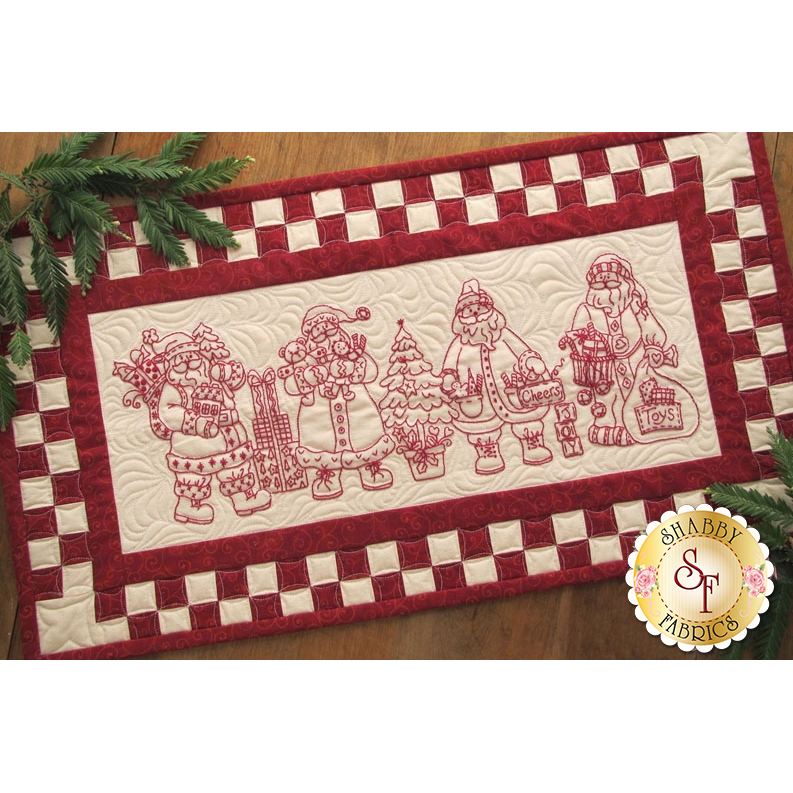 Santa Quartet Table Runner CD for Machine Embroidery showing a redwork stitchery featuring Santa in 4 different outfits.