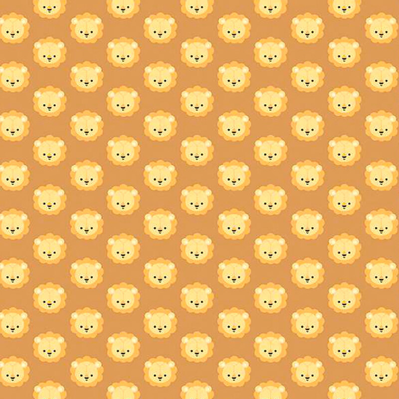 Brown fabric with small yellow lion heads in rows all over