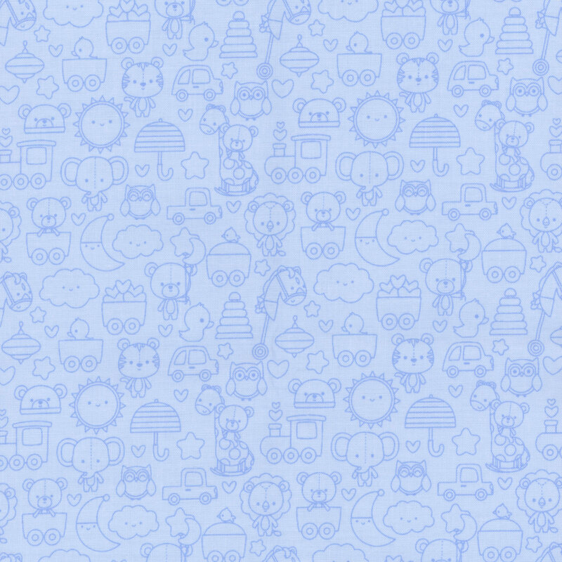 Blue tone-on-tone fabric print featuring baby-themed icons all over.