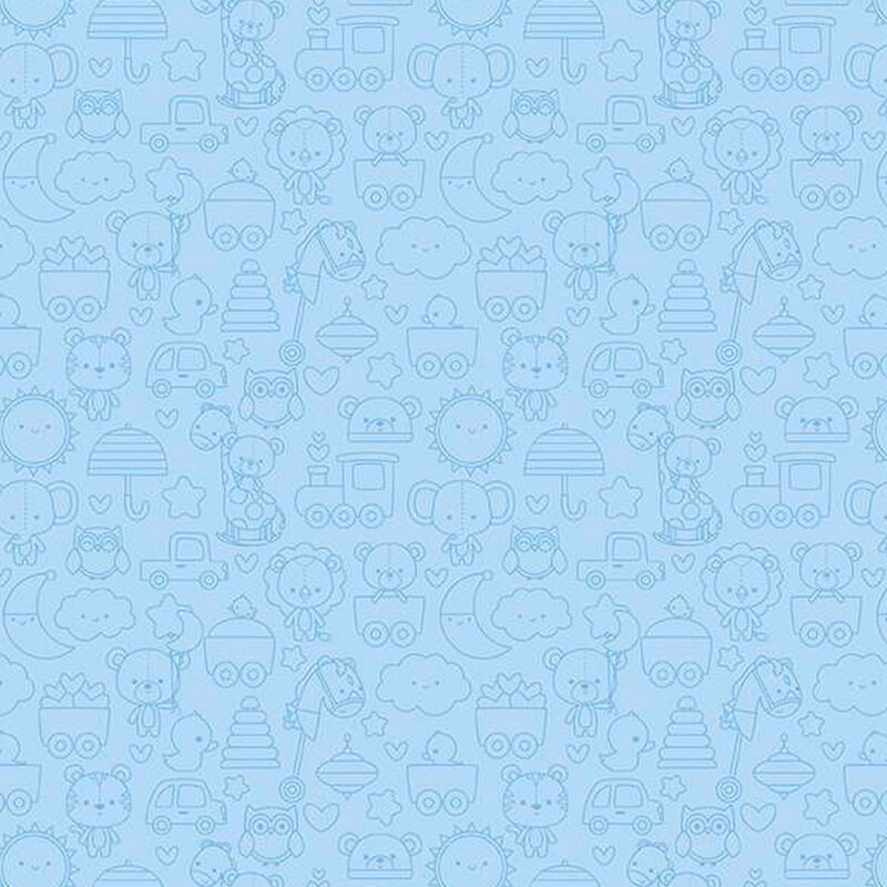 Blue tone-on-tone fabric print featuring baby-themed icons all over.