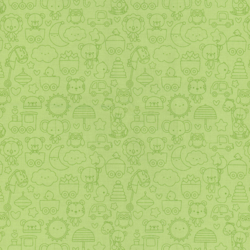 Green tone-on-tone fabric print featuring baby-themed icons all over.