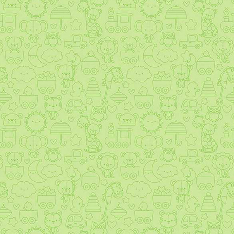 Green tone-on-tone fabric print featuring baby-themed icons all over.