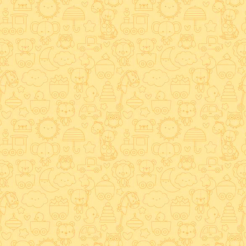 Yellow tone-on-tone fabric print featuring baby-themed icons all over.