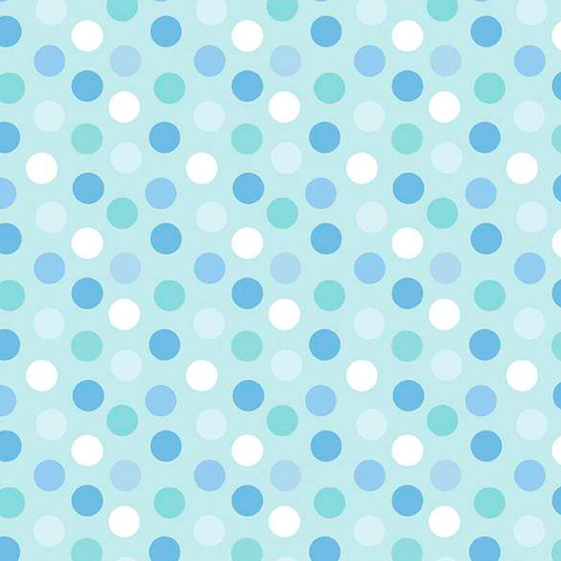 Light blue fabric with blue and white polka dots.
