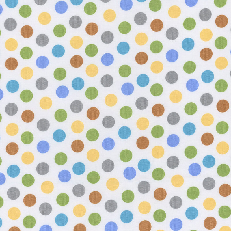 White fabric with blue, green, brown, yellow, and gray polka dots.