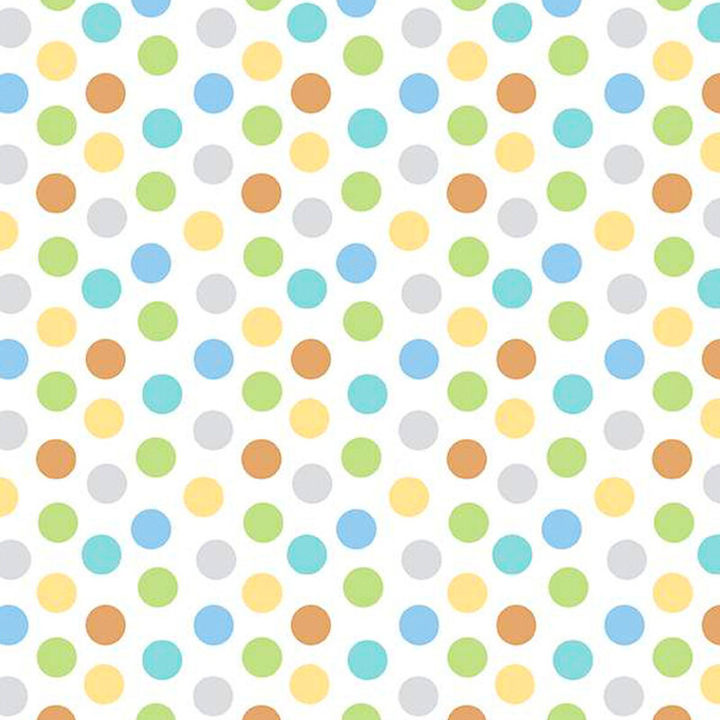 White fabric with blue, green, brown, yellow, and gray polka dots.