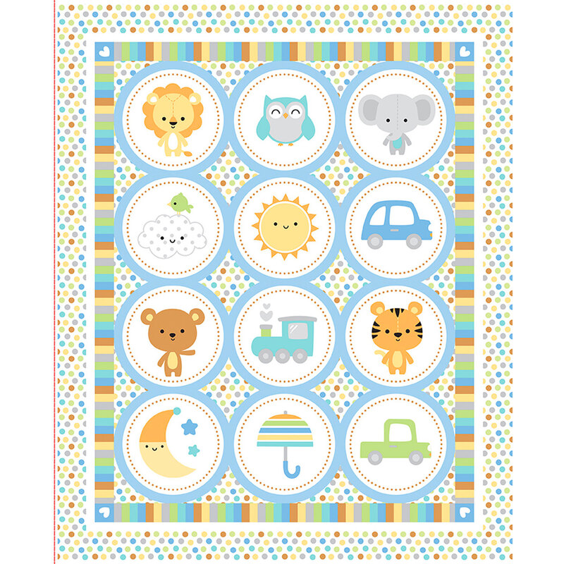 A blue, green, yellow, and white panel featuring circles with baby animals, toys, and celestial icons with stripes and polka dots at the borders.