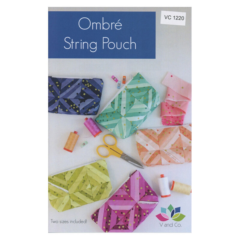 Front cover of the pattern, showing five examples of pouches made from the ombre confetti collection.
